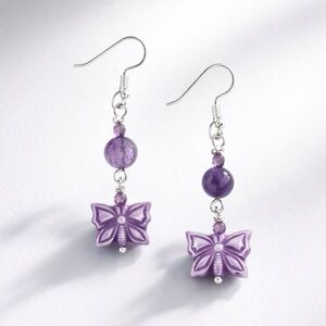 Purple Butterfly Glass Drop Earrings Crackle Quartz Sterling Silver